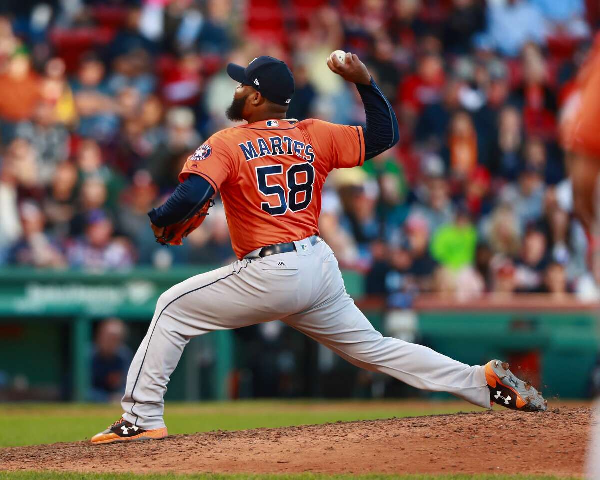 BOSTON, MA - OCTOBER 01: Pitcher Francis Martes #58 of the Houston Astros poitches in the bottom of the eighth inning during the game against the Boston Red Sox at Fenway Park on October 1, 2017 in Boston, Massachusetts. (Photo by Omar Rawlings/Getty Images)