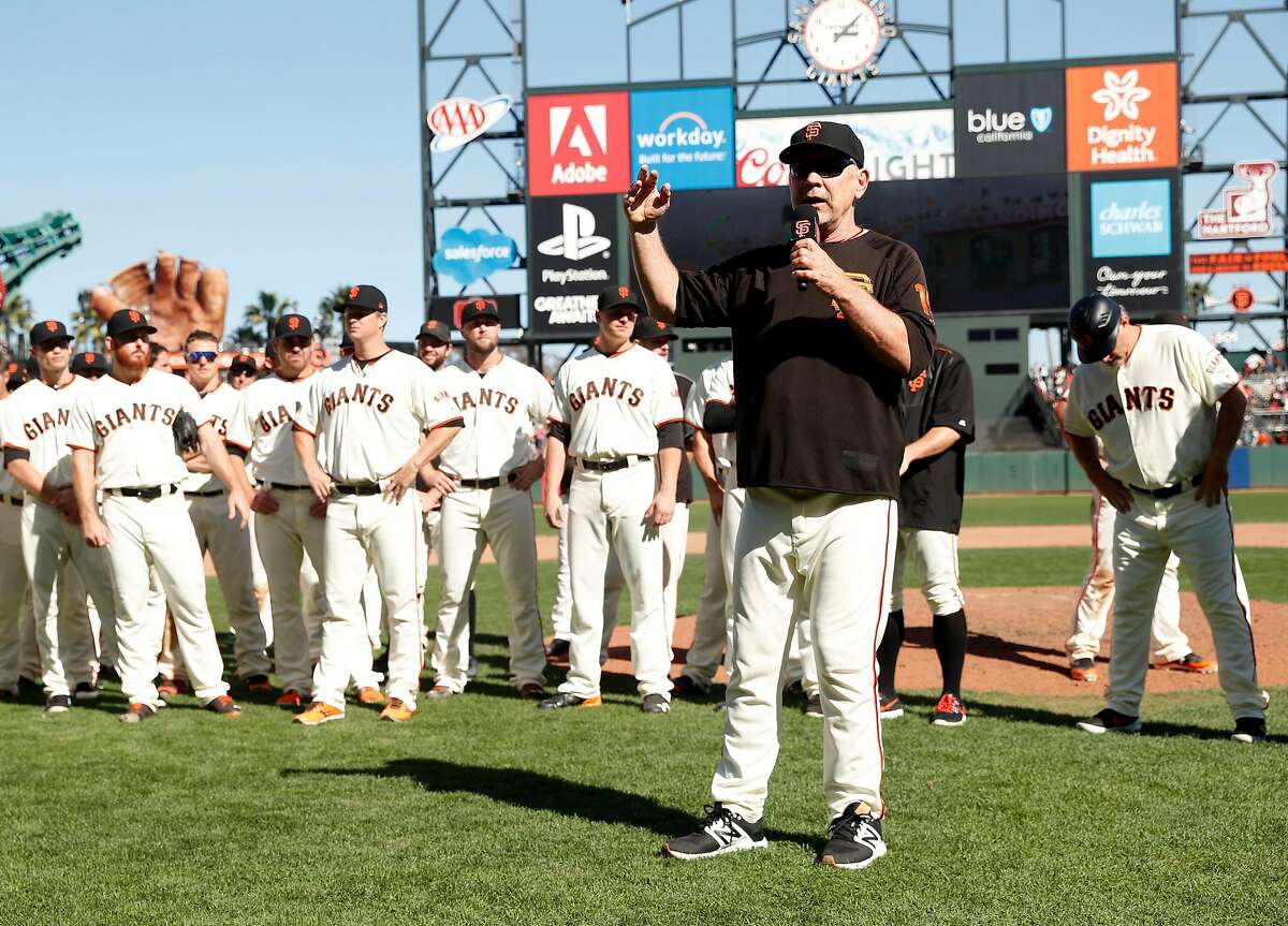 San Francisco Giants' manager Bruce Bochy addresses the fans after Giants' 5-4 win over San Diego Padres in MLB game at AT&T Park in San Francisco, Calif., on Sunday, October 1, 2017.