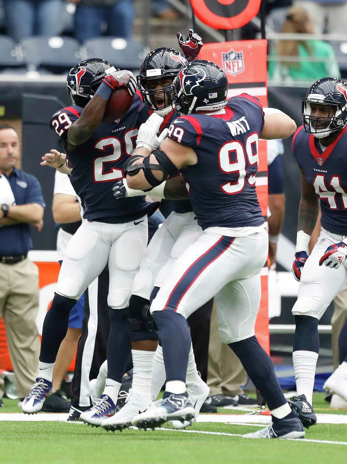 Houston Texans defensive end J.J. Watt (99) and Houston Texans free safety Andre Hal (29) celebrate an interception during the first quarter of an NFL football game at NRG Stadium, Sunday, Oct. 1, 2017, in Houston. ( Karen Warren / Houston Chronicle )