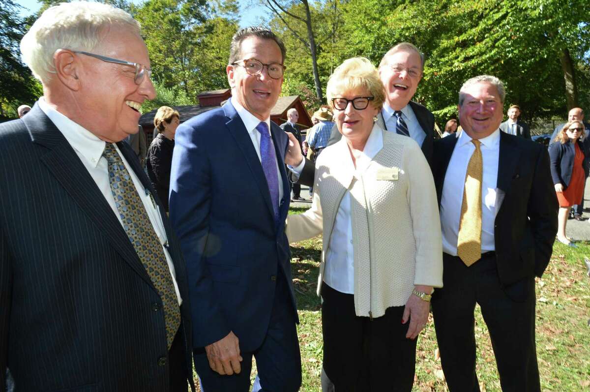 Stamford Museum and Nature Center Environmental Education Farmhouse groundbreaking L-R SM&NC Executive Vice President, Board of Directors Harry Day, Governor Dan Malloy, SM&NC Executive Director and CEO Melissa Mulrooney, Stamford Mayor David Martin, SM&NC Board of Directors President William Aron, on Monday October 2, 2017 in Stamford Conn.