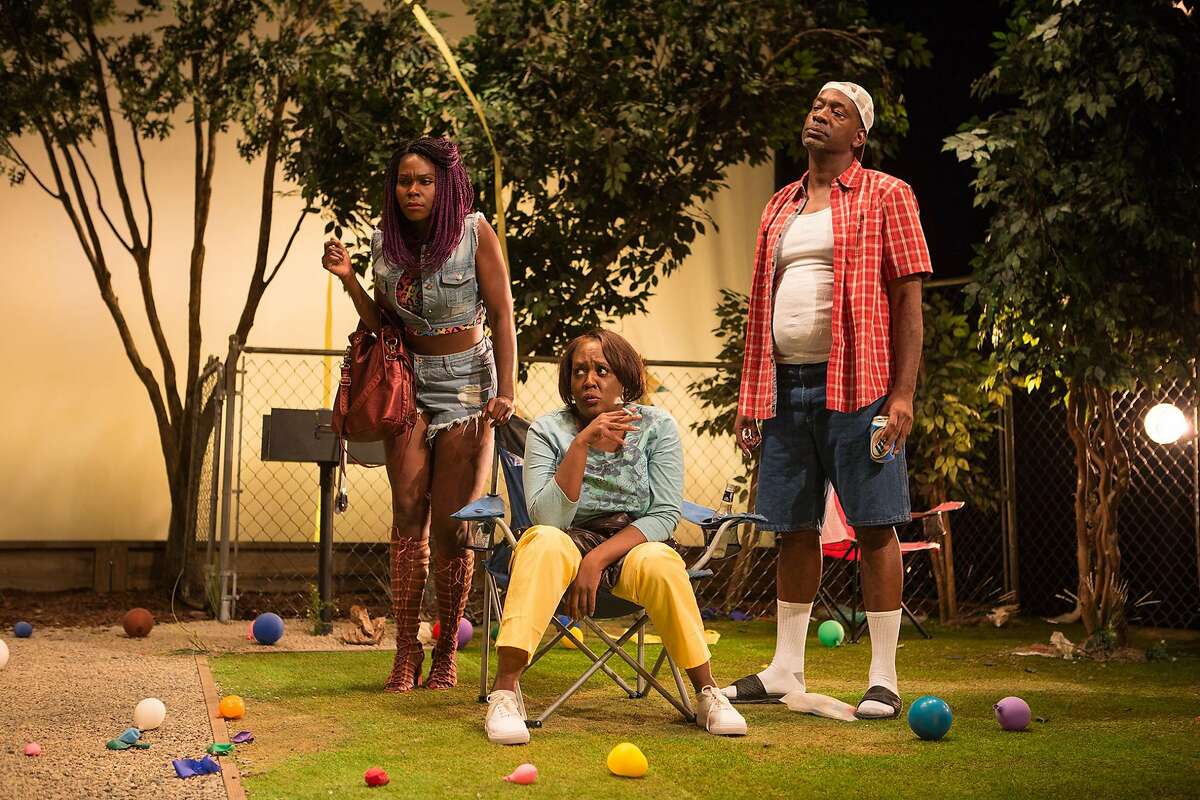 From left: Marie (Kehinde Koyejo), Adlean (Edris Cooper-Anifowoshe) and James T (Adrian Roberts) express skepticism in "Barbecue" at San Francisco Playhouse.