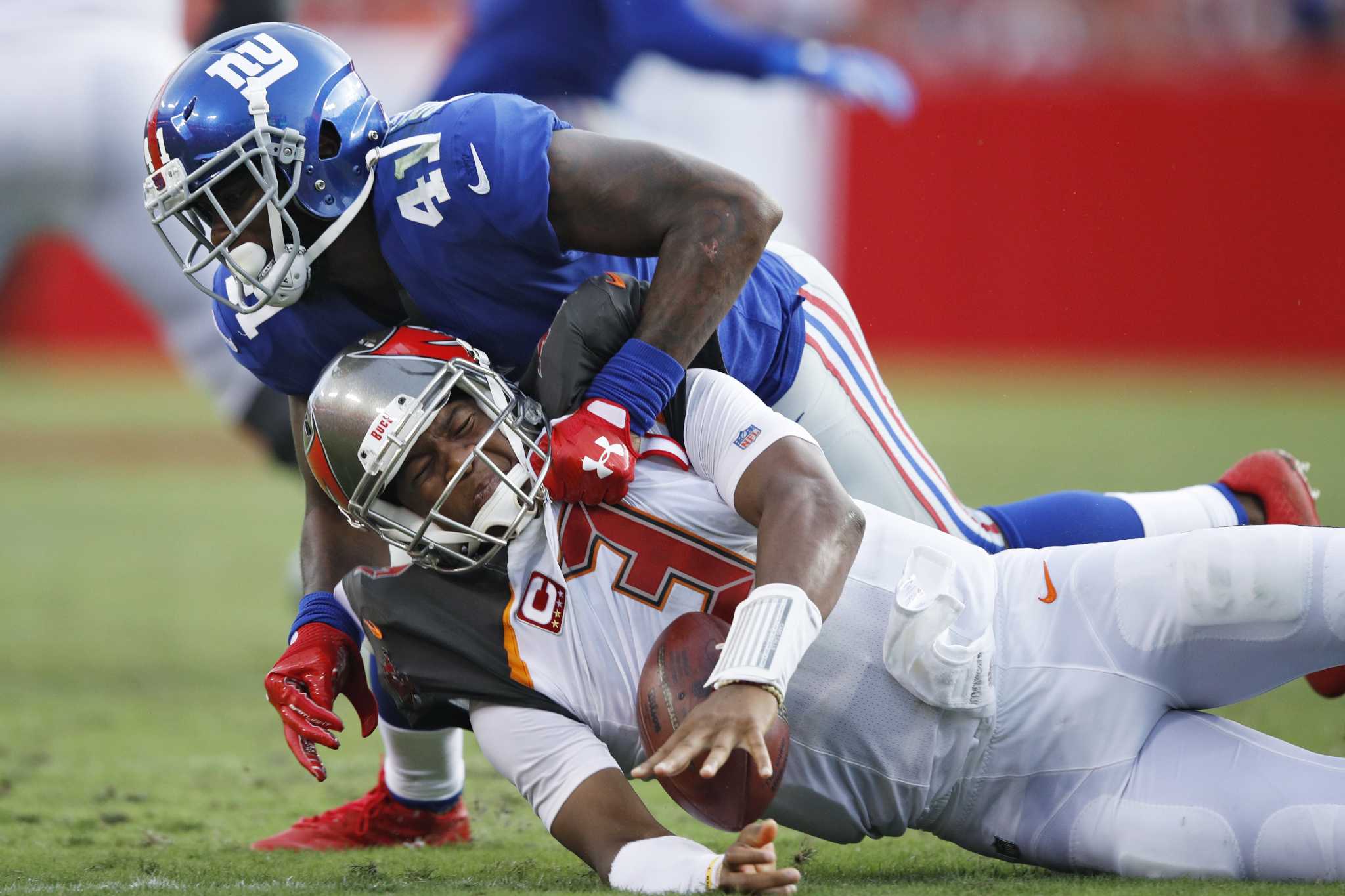 New York Giants cornerback Dominique Rodgers-Cromartie (41) celebrates the  first of his two second-half interceptions against the Washington Redskins  at FedEx Field in Landover, Maryland on Sunday, January 1, 2017. The Giants