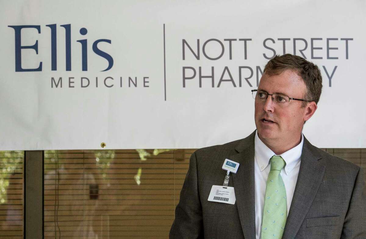 Michael Derbyshire, business manager of the new Nott Street Pharmacy which opened today addresses the small assembly of politicians and hospital workers Tuesday Oct. 3, 2017 at the Ellis Hospital in Schenectady, N.Y. (Skip Dickstein/Times Union)