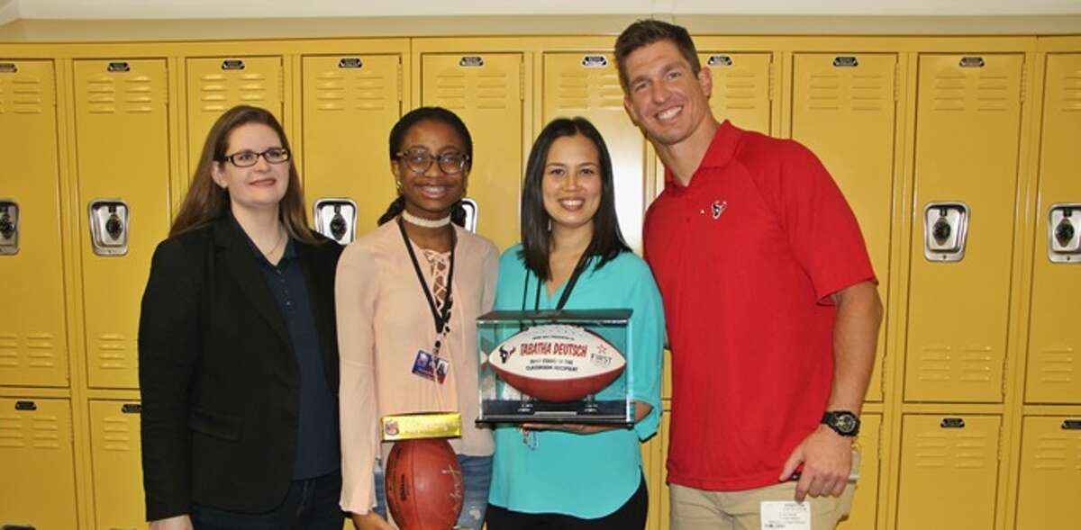 Pictured, from left, are Amber Magee, ImmanuellaÂ Eyobio, Tabetha Deutsch, and Texans player Brian Peters. Eyobio nominated Deutsch for the Stars in the Classroom program.