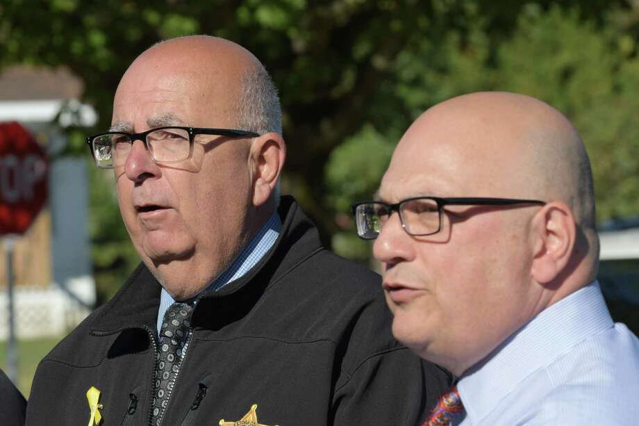 Saratoga County Sheriff Michael Zurlo, left, and Ballston Spa School District Superintendent Joseph Dragone speak to members of the media to discuss the schools being locked down on Tuesday, Oct. 3, 2017, in Ballston Spa, N.Y.   (Paul Buckowski / Times Union)