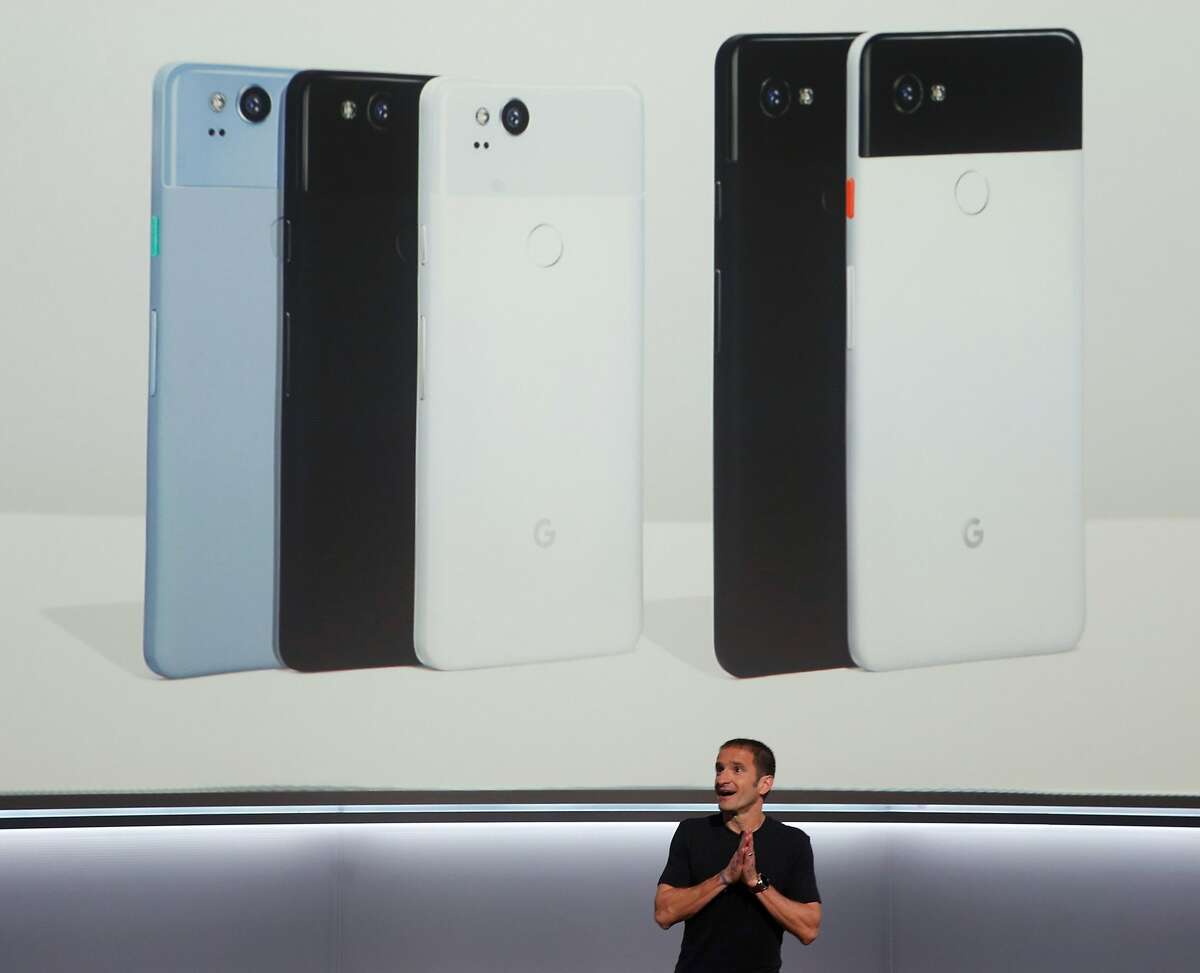 Mario Queiroz announces the Google Pixel 2 and Pixel 2 XL mobile phones at a news conference for tech reporters in San Francisco, Calif. on Wednesday, Oct. 4, 2017.