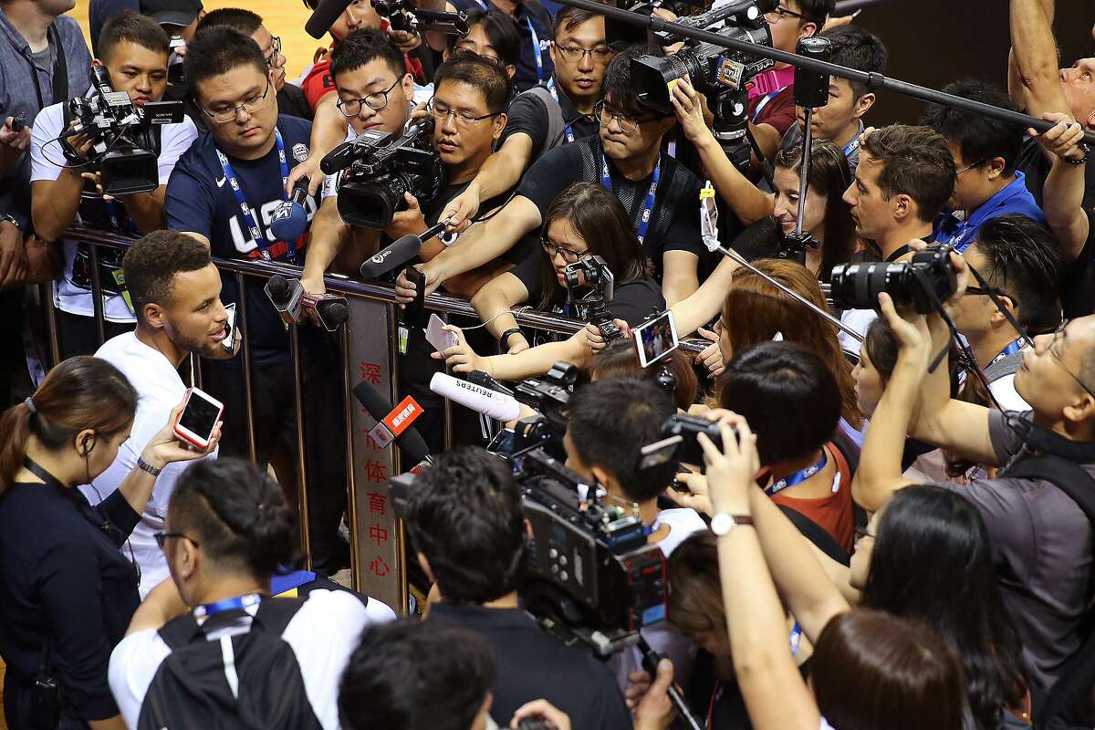 Stephen Curry of the Golden State Warriors talks to press during practice and media availability at Shenzhen Gymnasium as part of 2017 NBA Global Games China on October 4, 2017 in Shenzhen, China.