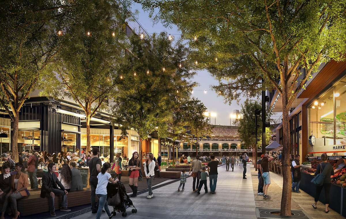 A rendering of the main retail street that will run from north to south through the Mission Rock development. The San Francisco Giants said Wednesday they had picked a partner to build the project.