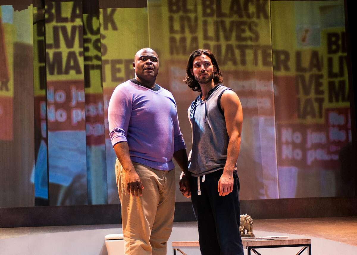 From left: Jesse (H. Adam Harris) meets his lover Neil (Michael Hanna) at a Black Lives Matter protest in New Conservatory Theatre Center's "This Bitter Earth."