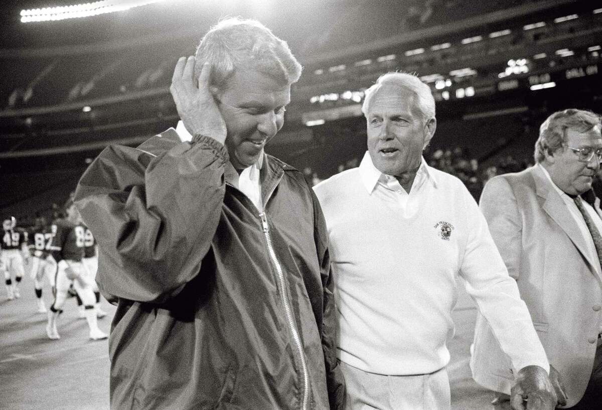 With Mark Stevens, top, subbing for Joe Montana, 49ers head coach Bill Walsh, above right, beat Giants head coach Bill Parcells, above left, using replacement players in 1987.