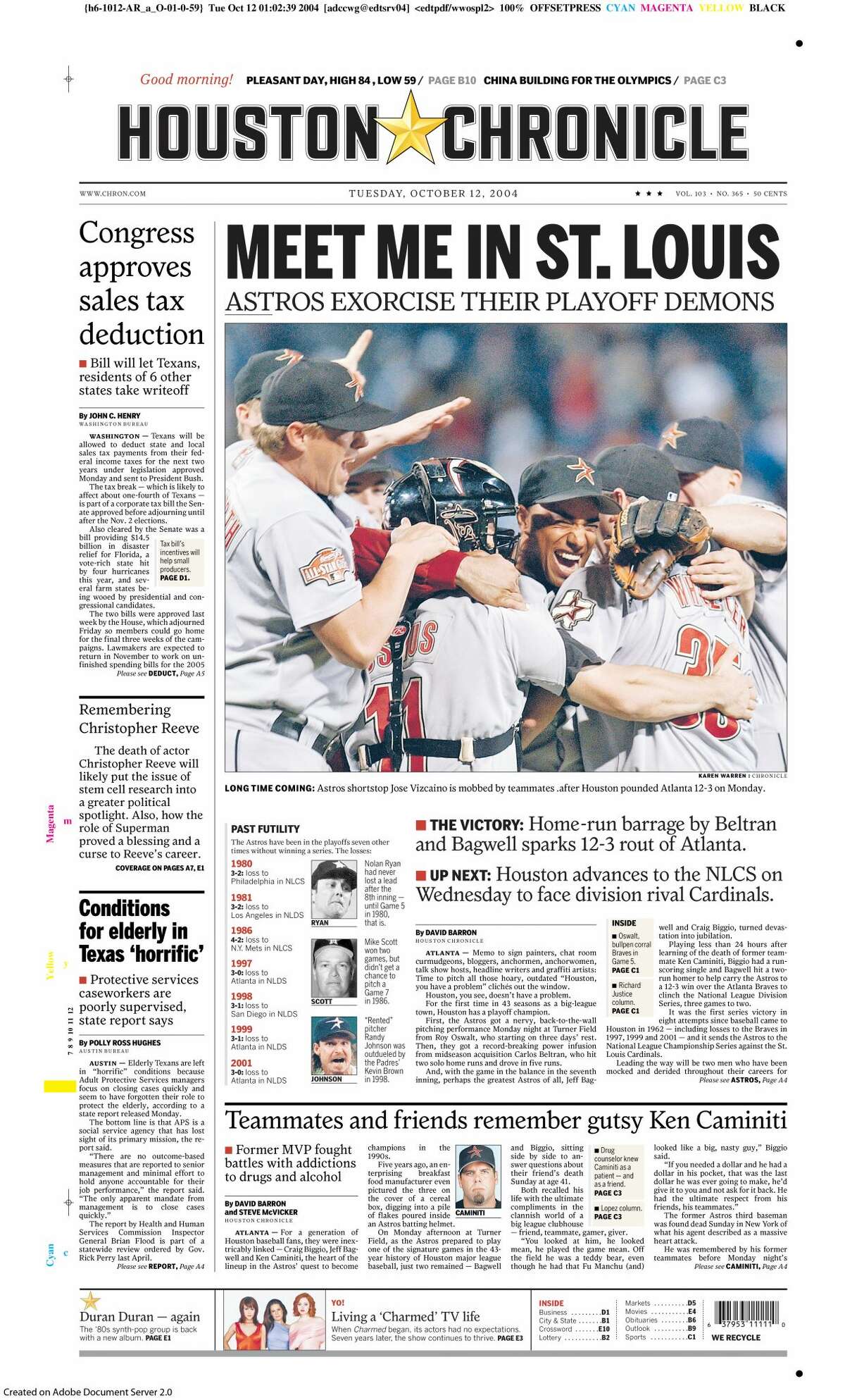 The Houston Chronicle's Oct. 12, 2004,  front page after the Astros' Game 5 win over the Braves in the NLDS.