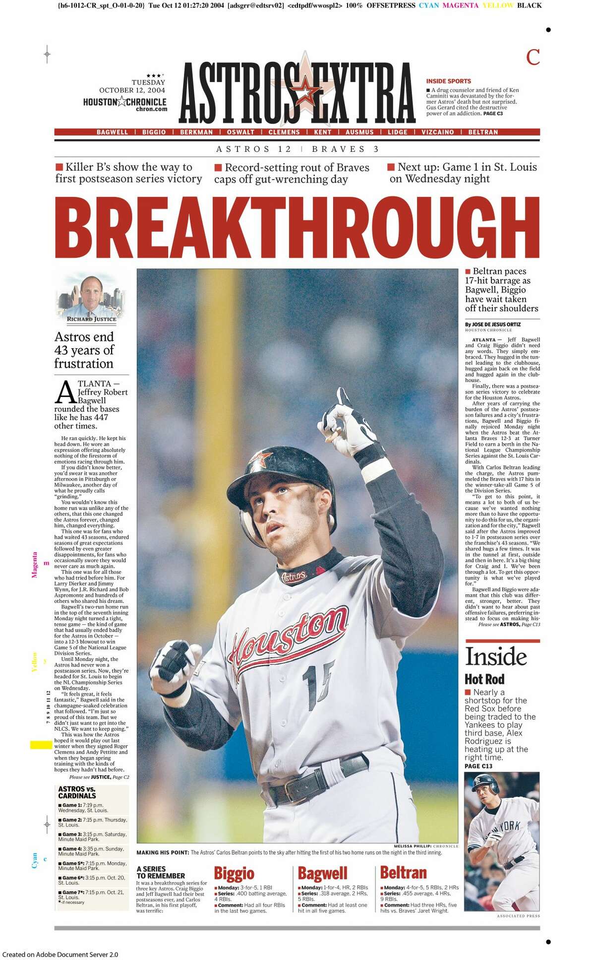 The Houston Chronicle's Oct. 12, 2004, sports section front page after the Astros' Game 5 win over the Braves in the NLDS.