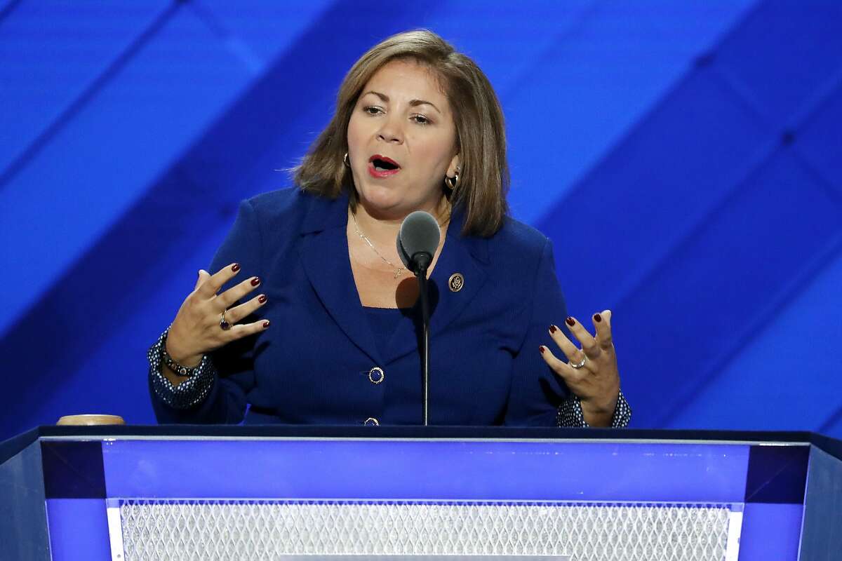 FILE - In this July 25, 2016 file photo, Rep. Linda Sanchez, D-Calif., speaks during the first day of the Democratic National Convention in Philadelphia. Sanchez says it�s time for House Minority Leader Nancy Pelosi and other veteran leaders to make way for a new generation of Democratic leaders. She said she�d like to be a part of that transition. Sanchez is the fifth-highest ranking House Democrat. Her comments were the strongest challenge yet by a Democratic leader to Pelosi�s iron grip on the caucus. (AP Photo/J. Scott Applewhite)