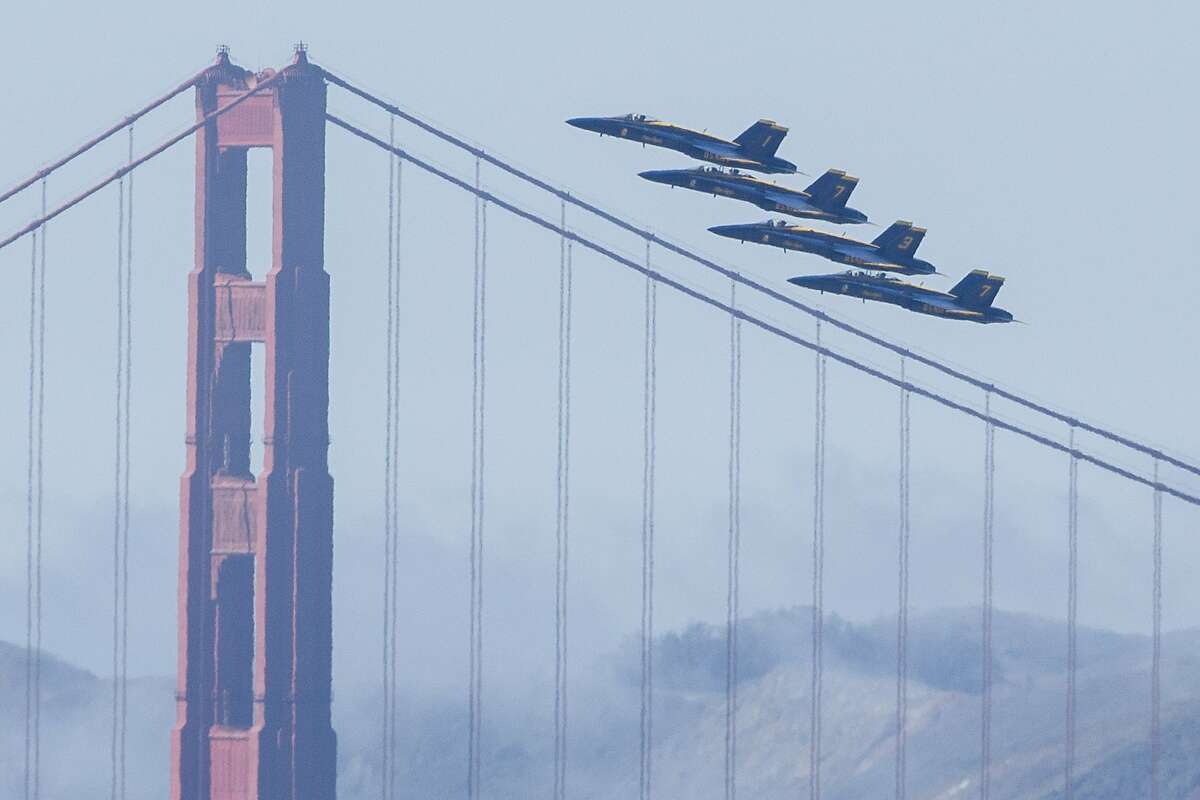 The Blue Angels fly past the Golden Gate Bridge on Thursday, Oct. 5, 2017, in San Francisco, Calif. The U.S. Navy Blue Angels practiced their aerial maneuvers and patterns for their upcoming Fleet Week airshow.