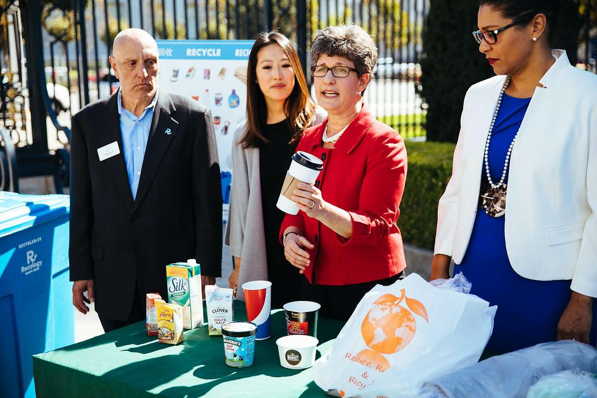 Debbie Raphael, Director of the San Francisco Department of the Environment, talks about the new items that are now accepted in the recycling bins in San Francisco, Calif. Thursday, October 5, 2017.
