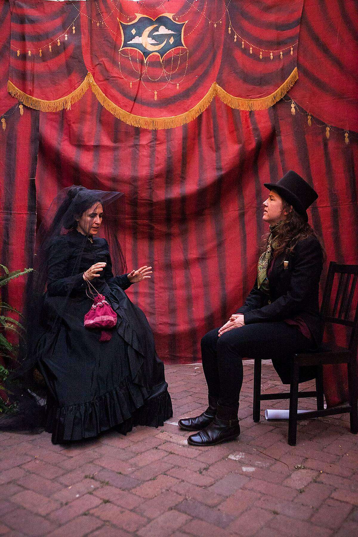 From left: Maria A. Leigh as Josephine and�Julie Douglas as the Seller, Doctor Vitae, in Idiot String's "Elixir of Life."