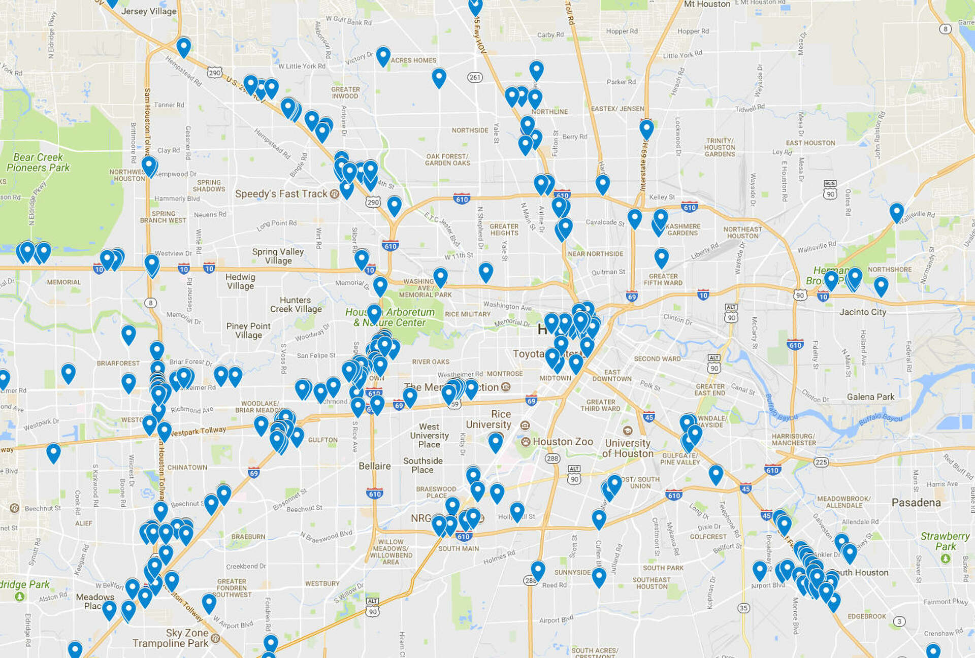 Map shows areas with high prostitution arrests at Houston hotels