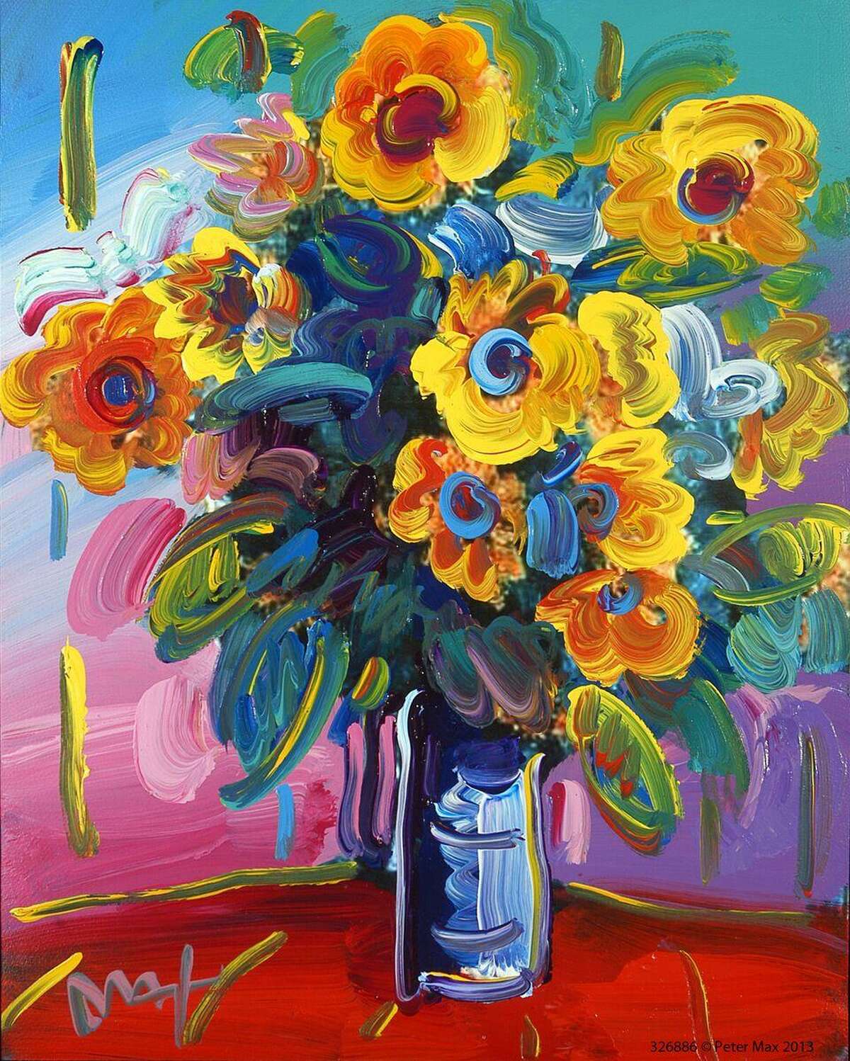 “Vase of Flowers” is by pop artist Peter Max. His works will be on view Oct. 13-22 at the C. Parker Gallery in Greenwich, and the artist will be celebrated at two public events during the run.