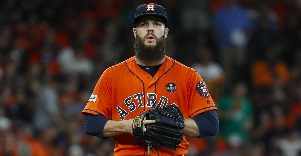Houston Astros starting pitcher Dallas Keuchel (60) tries to get out of the second inning of Game 2 of the ALDS at Minute Maid Park on Friday, Oct. 6, 2017, in Houston. ( Karen Warren / Houston Chronicle )