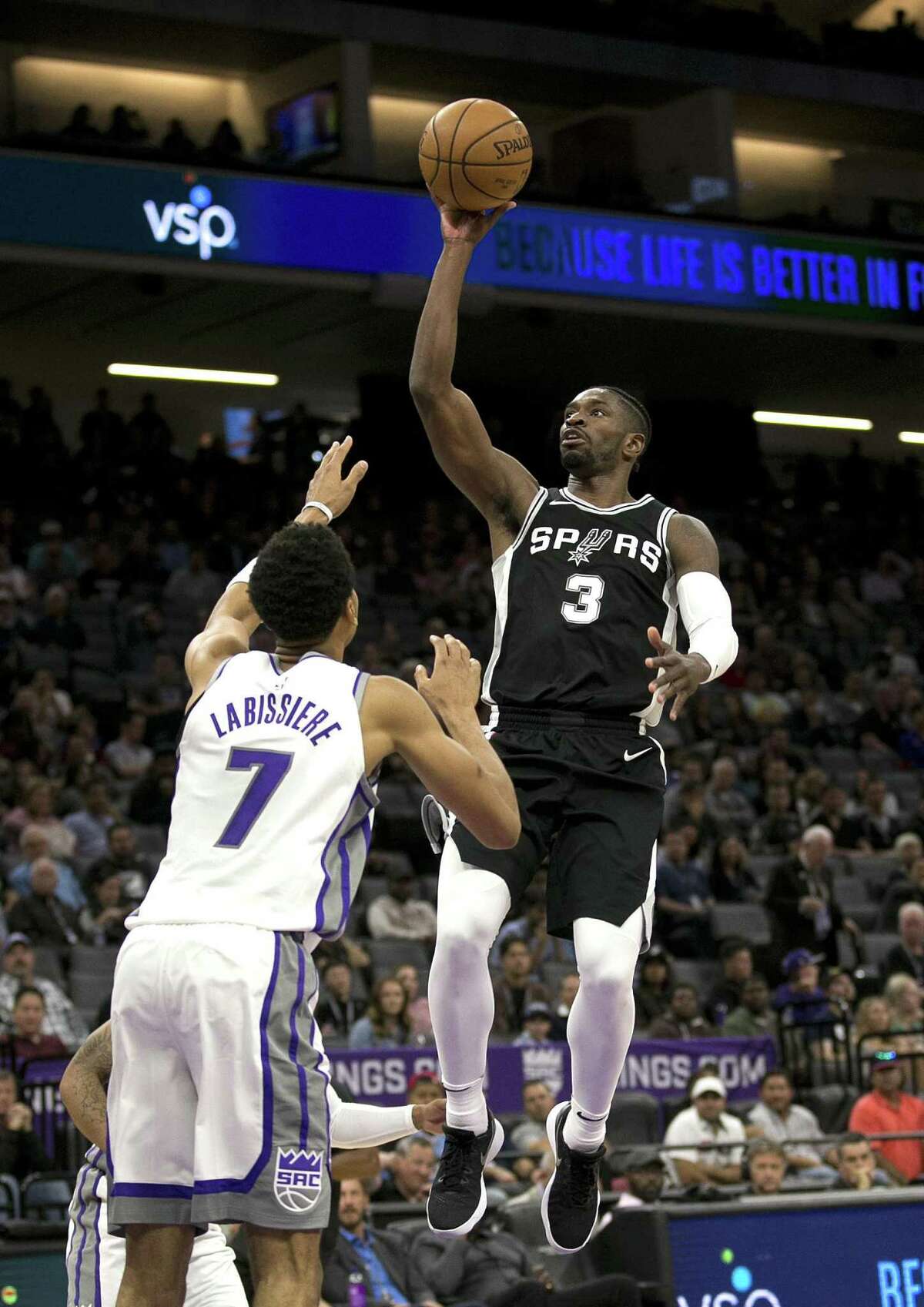 Spurs guard Brandon Paul goes to the basket against the King forward Skal Labissiere during the second half of a preseason game on Oct. 2, 2017, in Sacramento, Calif.