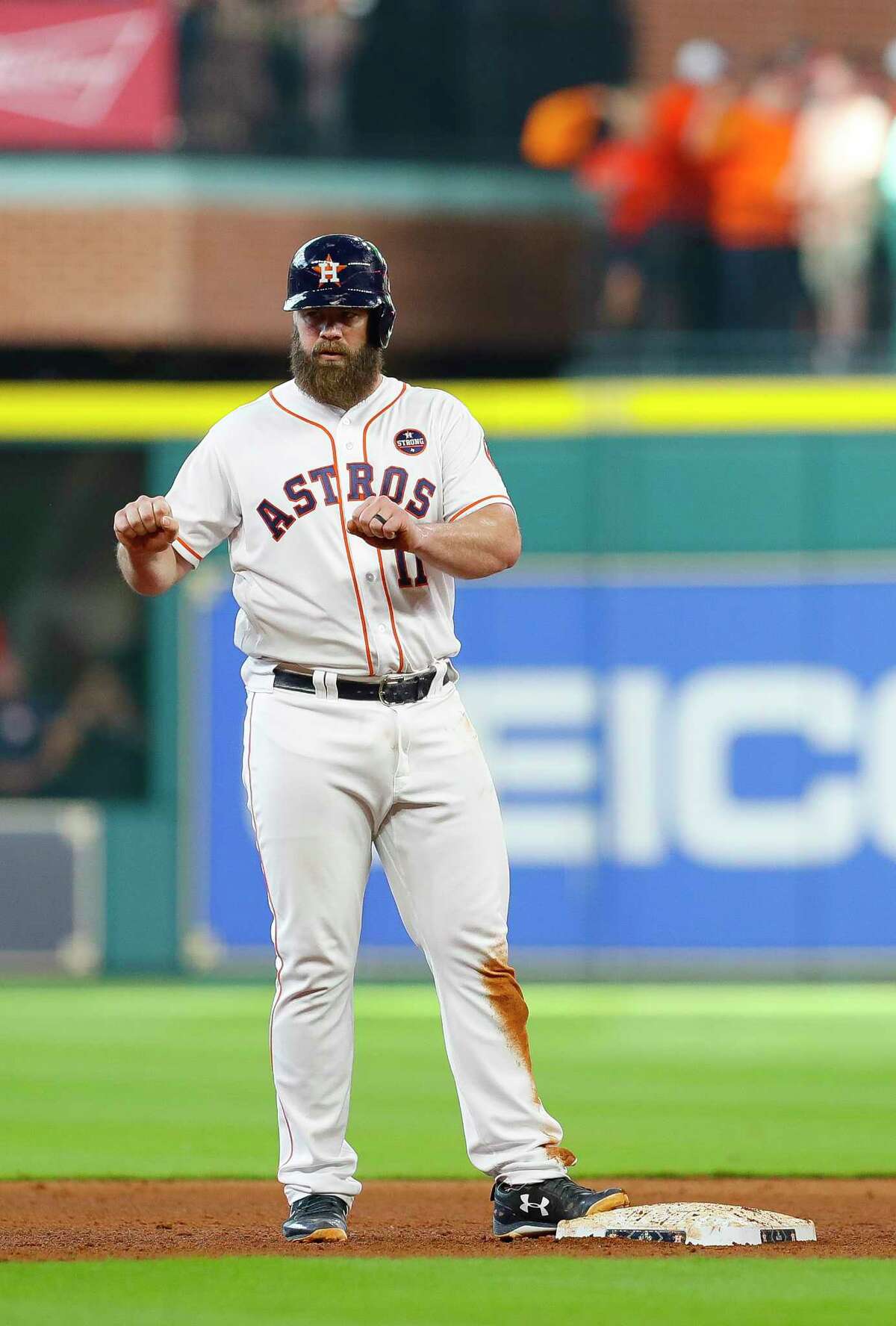 The Astros' Evan Gattis fell behind in the count 0-2 against Chris Sale but later saw a pitch to hit for a double in Game 1.