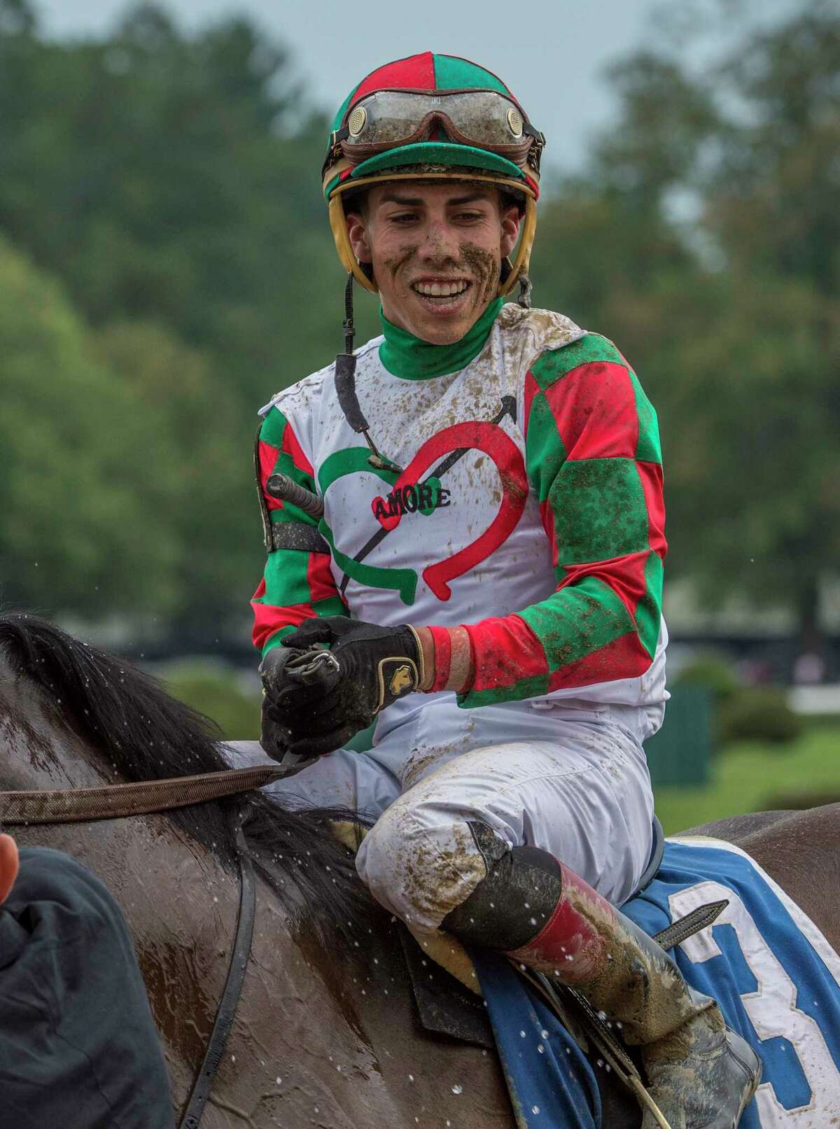 Jockey Irad Ortiz Jr sits atop Firenze Fire and is all smiles after winning the 103rd running of The Sanford Saturday July 23, 2017 at the Saratoga Race Course in Springs, N.Y. (Skip Dickstein/Times Union)