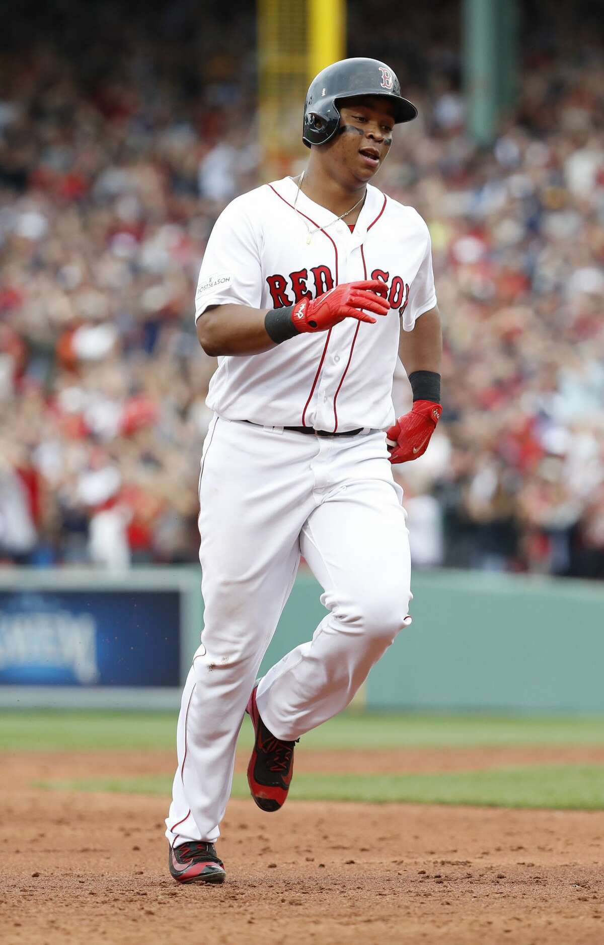 Boston Red Sox Rafael Devers runs the bases after his home run off of Astros relief pitcher Francisco Liriano during the third inning of the ALDS Game 3 at Fenway Park, Sunday, Oct. 8, 2017, in Boston . ( Karen Warren / Houston Chronicle )