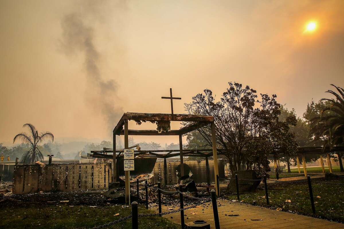 Cardinal Newman High School is seen after some of the school burned during the Tubbs fire in Santa Rosa, Calif., on Monday, Oct. 9, 2017.