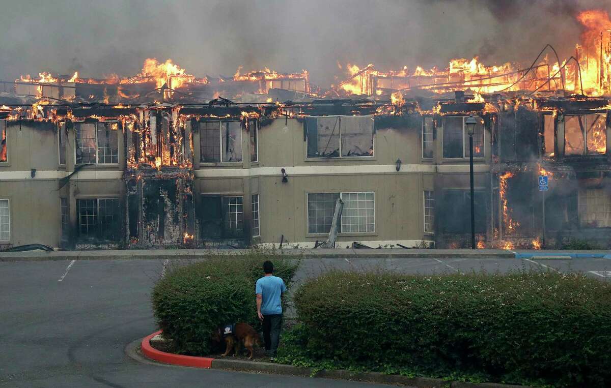 Rudy Habibe, from Puerto Rico, and his service dog Maximus walk toward a burning building at the Hilton Sonoma Wine Country hotel, where he was a guest, in Santa Rosa, Calif., Monday, Oct. 9, 2017. Wildfires whipped by powerful winds swept through Northern California sending residents on a headlong flight to safety through smoke and flames as homes burned.
