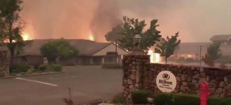 The entrance to the Hilton Sonoma Wine Country are seen in Santa Rosa, Calif., after the Tubbs Fire in October 2017. Photo: San Francisco Chronicle