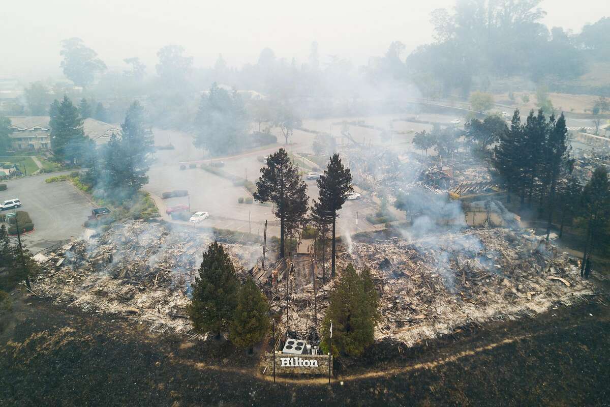 Smoldering fires are seen in the remains of the Hilton Sonoma Wine Country hotel in Santa Rosa, Calif. on Tuesday, October 10, 2017.