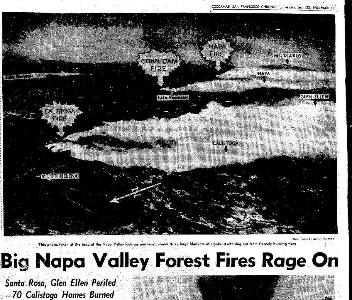 1964年9月22日的纪事地图显示了汉利大火的蔓延范围，几场大火席卷了葡萄酒之乡的不同地区，最终蔓延到5个县。