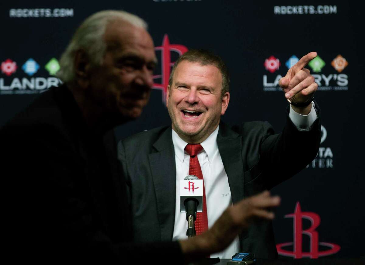 Houston Rockets owner Tilman Fertitta smiles as he introduces his father, Vic, during a news conference introducing him as the Rockets new owner at Toyota Center on Tuesday, Oct. 10, 2017, in Houston.