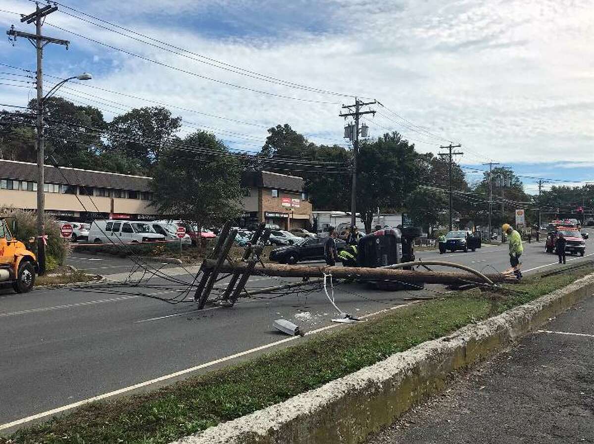 An improper lane change caused a crash on Black Rock Turnpike Tuesday afternoon, bringing down a utility pole and closing a portion of the street. Fairfield,CT. 10/10/17