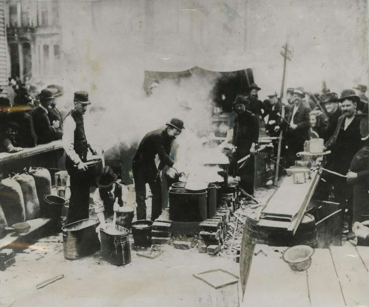 The uncertain condition of gas mains and chimneys for several days after the 1906 earthquake and fire in San Francisco made it illegal for anyone to cook or light a fire of any sort indoors. Public cook kitchens, like the one pictured here, made hot fires available to those who wanted to use them. Note wash boilers full of hot water at left.Ran on: 04-15-2006 After the 1906 quake, people on Sacramento Street are awestruck by the enormity of the devastation and the resulting fires in San Francisco. Ran on: 04-18-2011 Dr. von Zesch observes how wood and coal stoves were set up in the streets after gas mains broke. Ran on: 04-18-2011 Dr. von Zesch observes how wood and coal stoves were set up in the streets after gas mains broke. Ran on: 04-18-2011 Dr. von Zesch observes how wood and coal stoves were set up in the streets after gas mains broke.