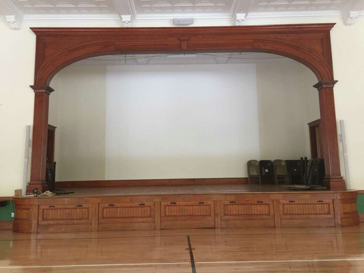 The stage where the screen will be set up for the first Family Movie Night Oct. 14 at Assumption School in Ansonia.
