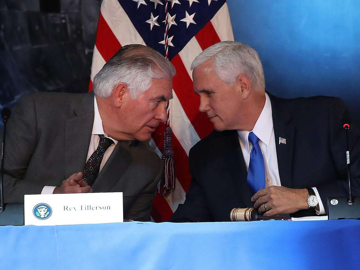 CHANTILLY, VA - OCTOBER 05: Vice President Mike Pence (R), and Secretary of State Rex Tillerson participate in the inaugural meeting of the National Space Council, titled "Leading the Next Frontier" at the National Air and Space Museum, Steven F. Udvar-Hazy Center, October 5, 2017 in Chantilly, Virginia. Originally established in 1958, this is the first meeting of the newly reestablished council in 20 years. (Photo by Mark Wilson/Getty Images) *** BESTPIX ***