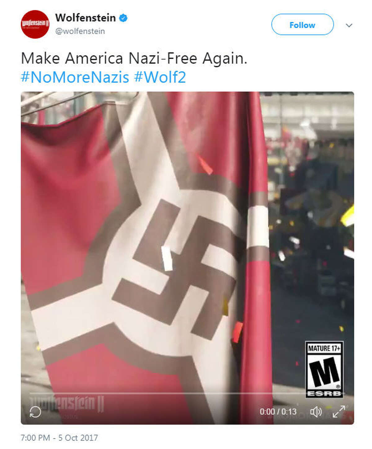 Alt-right members have taken offense to Bethesda's slogan "Make America Nazi free again" as marketing for the game company's latest Wolfenstein game. Image source: Twitter See Twitter reactions to Bethesda's slogan up ahead. 
