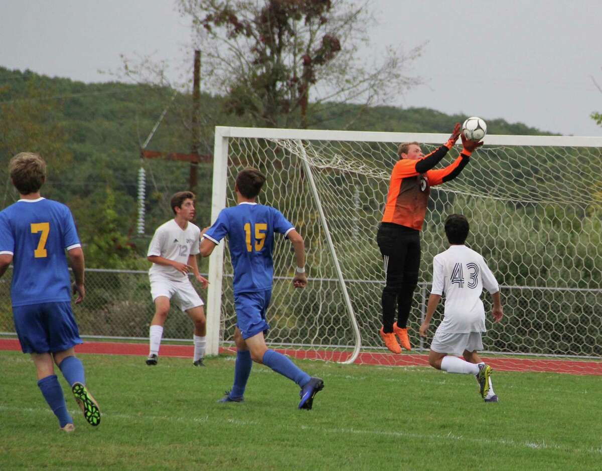 Ethan Hibbard makes a save . The Shepaug High School boys soccer team continues to improve and work toward its goal of reaching the postseason as the home stretch of the regular season gets underway.