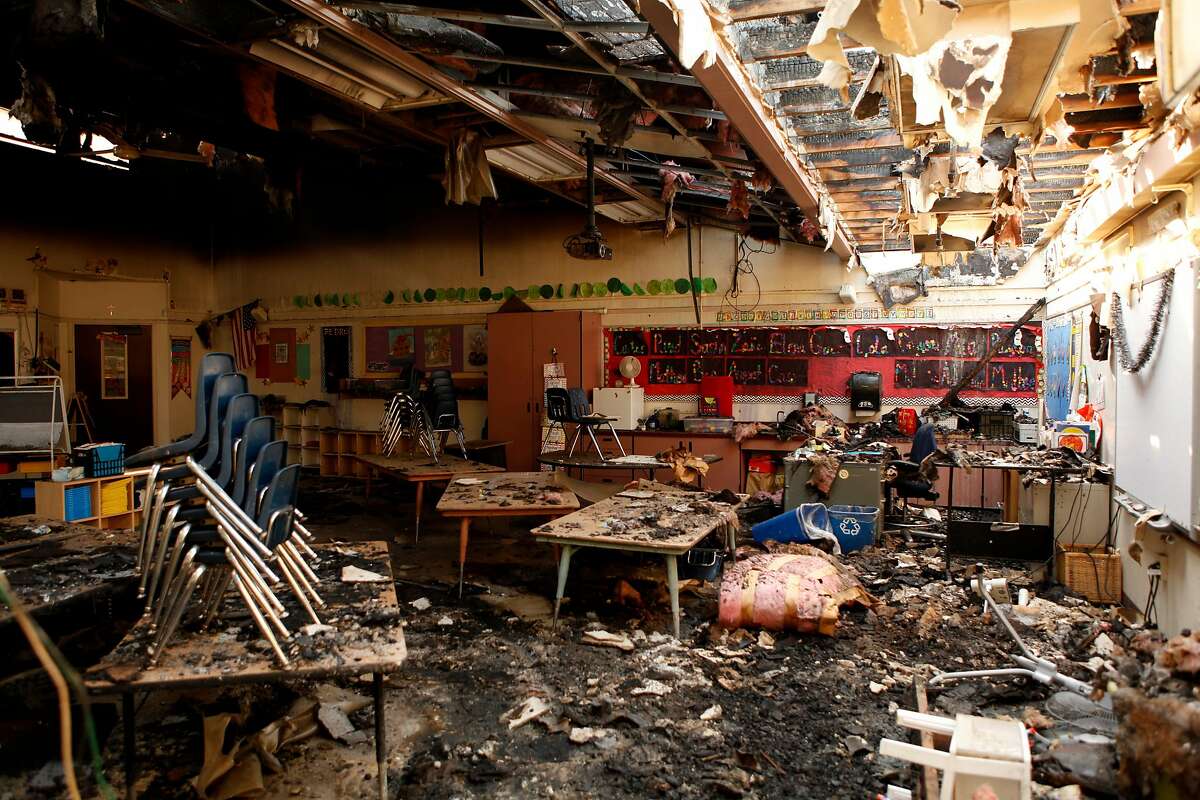 A primary school classroom at St. Rose School is seen with damages caused by the Tubbs fire in Santa Rosa, Ca. on Wednesday, October 11, 2017.