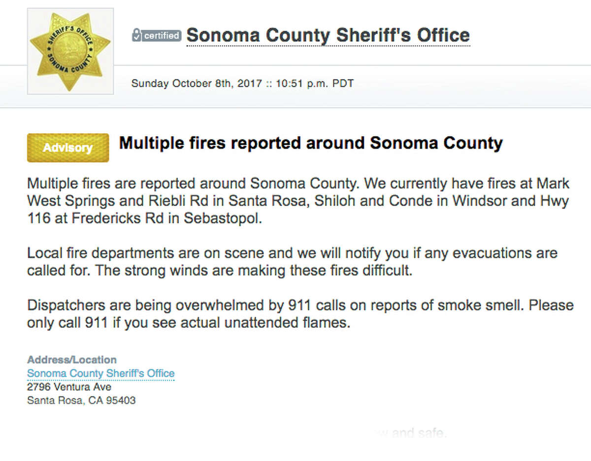 These were the first Nixle alerts sent by the Sonoma County Sheriff's Office on Oct. 9 during the Tubbs Fire.