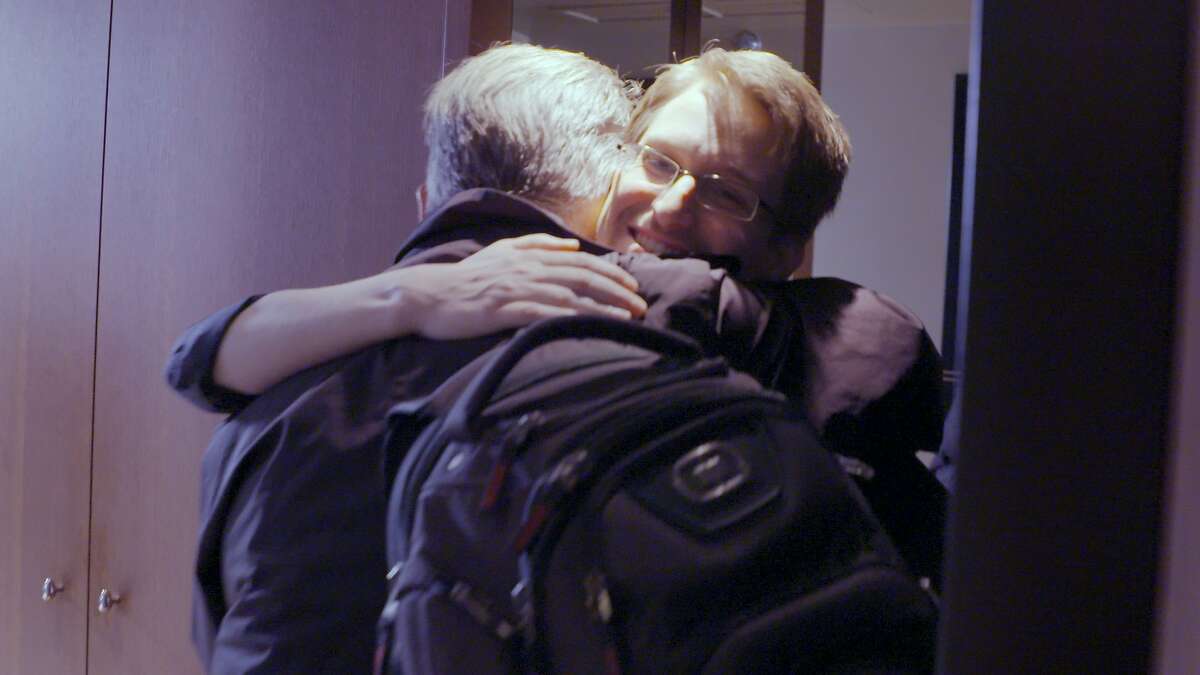 Edward Snowden (right) meets Larry Lessig in "Finding Snowden," a documentary directed by Flore Vasseur.