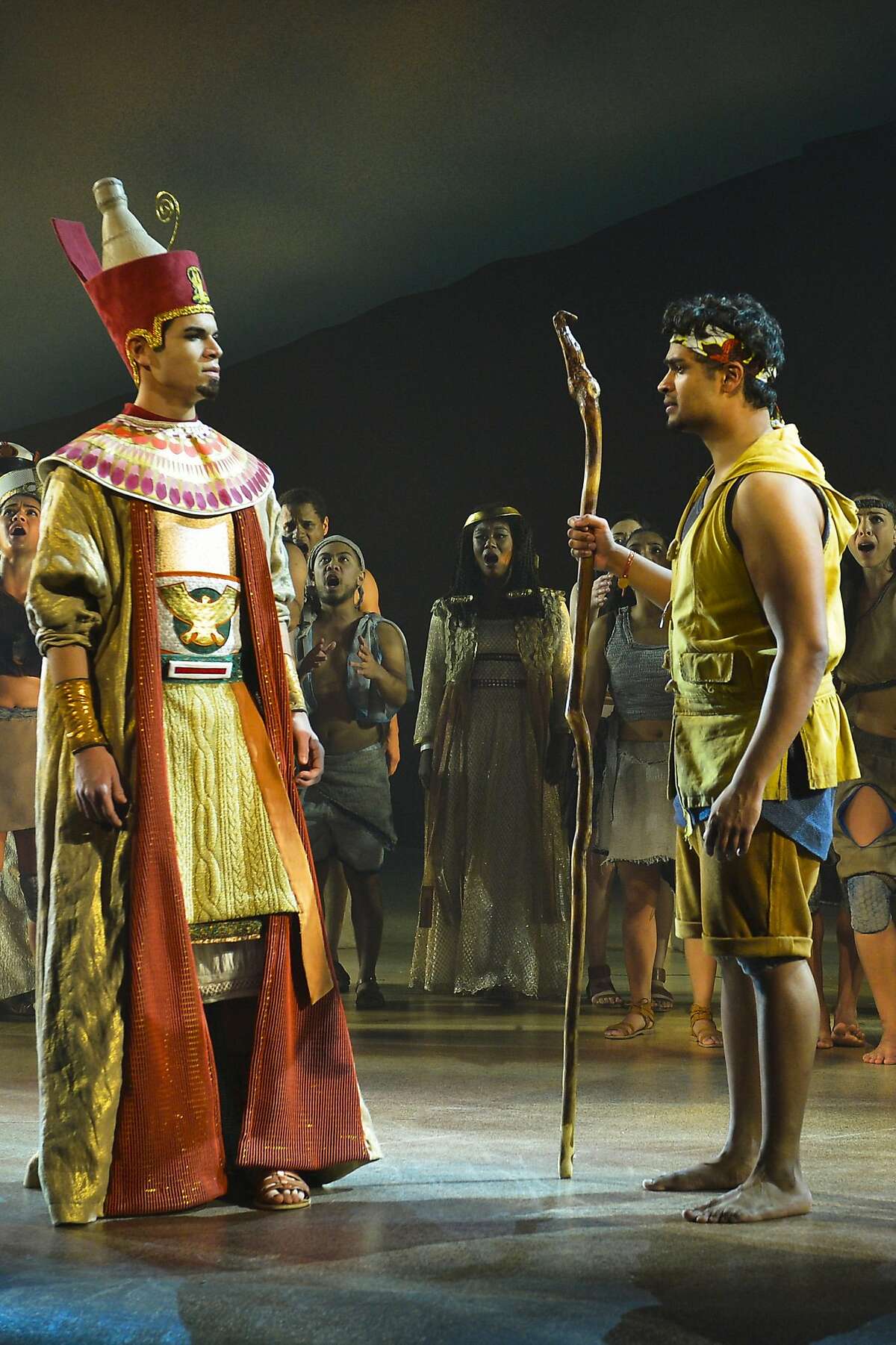 From left:�Ramses (Jason Gotay) meets his adopted brother Moses (Diluckshan Jeyaratnam) in changed circumstances in TheatreWorks' "The Prince of Egypt."
