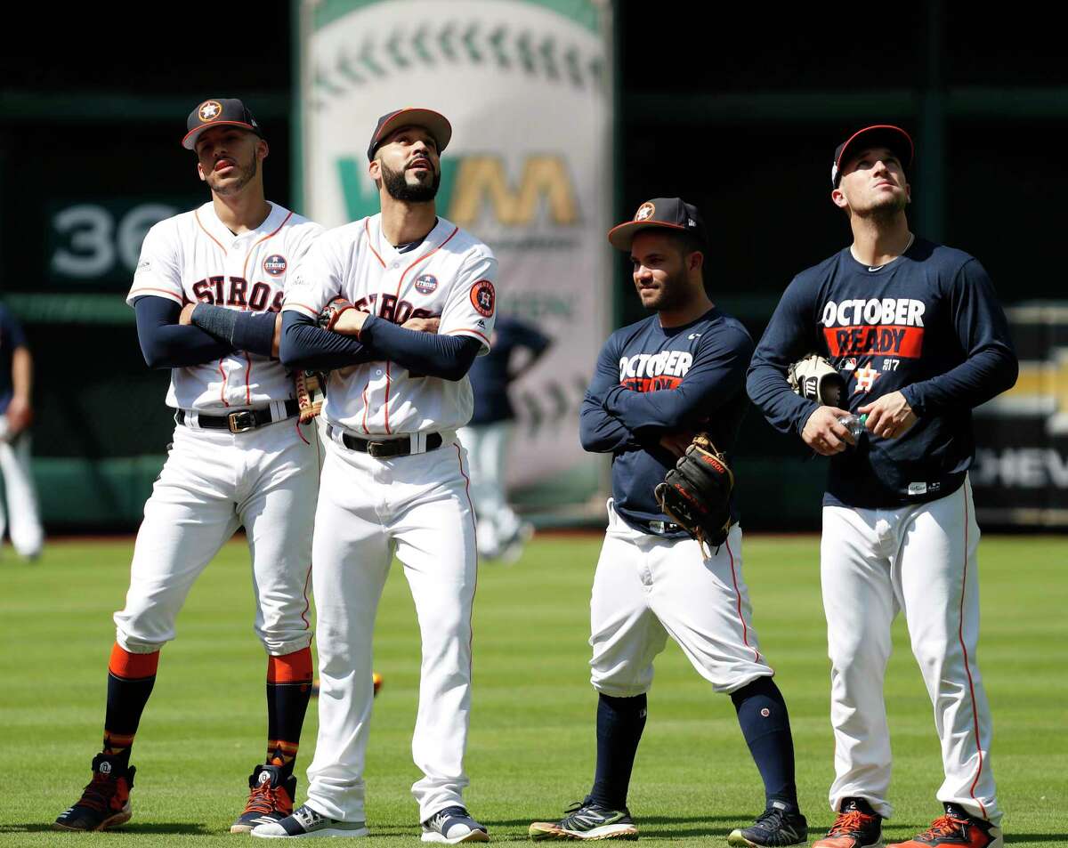 Houston Astros Carlos Correa, Marwin Gonzalez, Jose Altuve, and Alex Bregman during workouts at Minute Maid Park, Thursday, Oct. 12, 2017, in Houston , ahead of Game 1 of the ALCS.