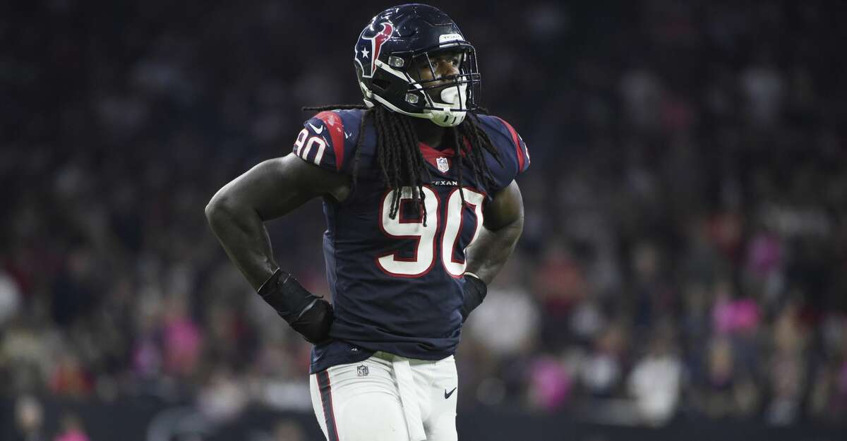 Houston Texans linebackers Jadeveon Clowney, left, and Whitney