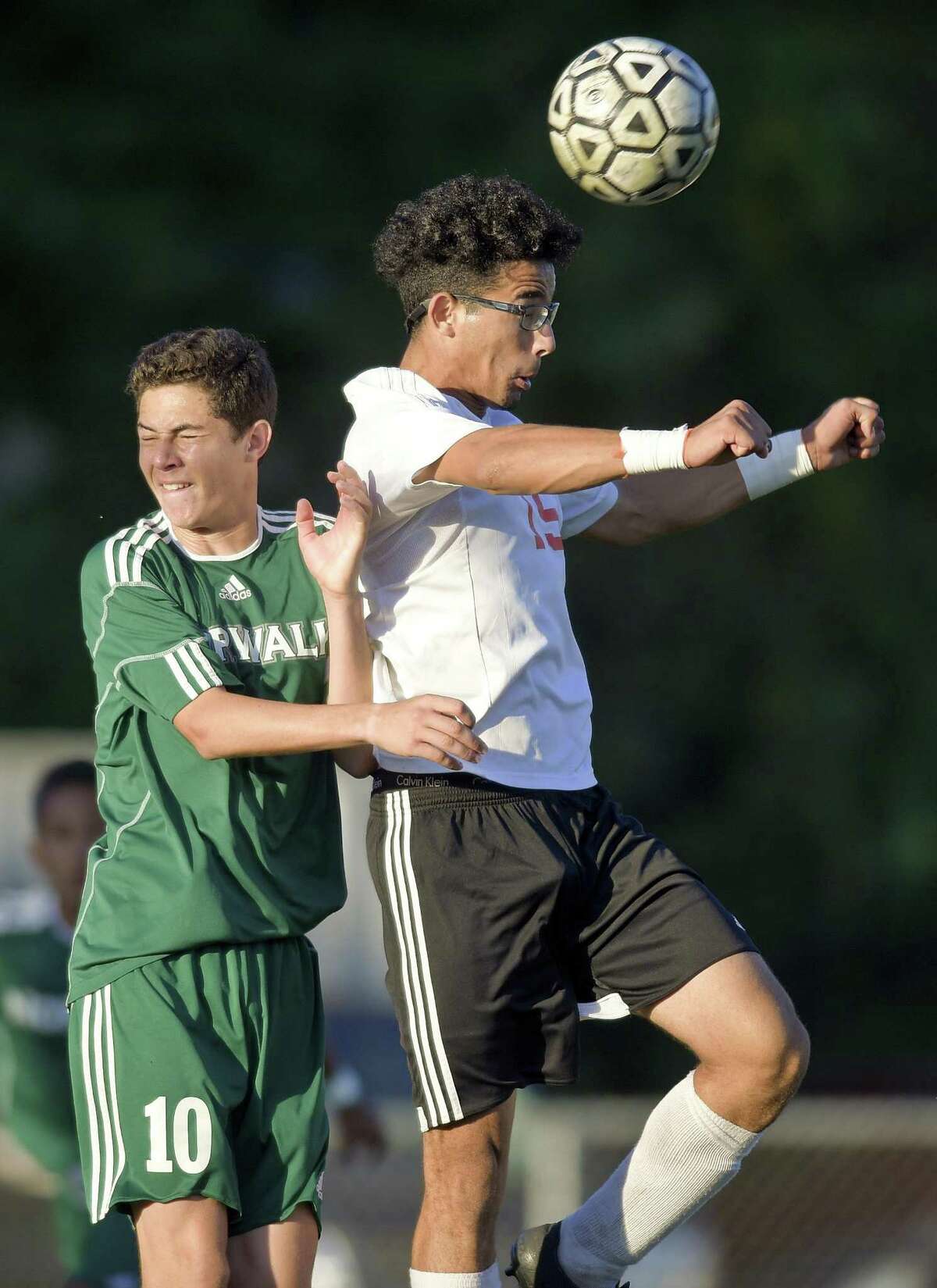 Norwalk’s Lucas Araujo (10) defends against Stamford’s Ali Essallamy (15) in a FCIAC boys soccer game at Stamford High School on Thursday, Oct. 12, 2017 in Stamford, Connecticut. Essallamy scored the winning goal late in the second half in the Black Knights 2-1 victory over Norwalk.