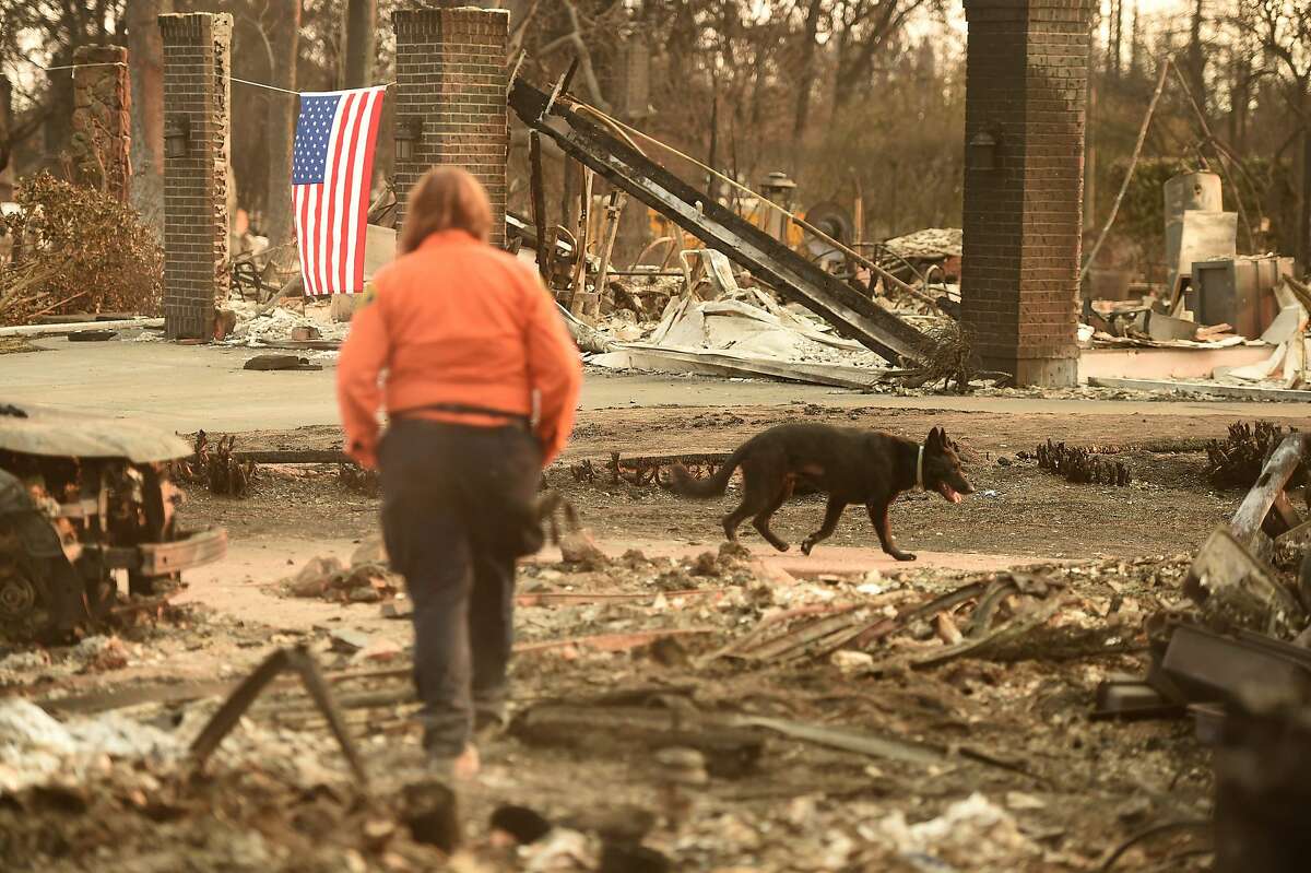 A search and rescue team searches for bodies at a property where a person was reported missing in Santa Rosa, California on October 12, 2017. Hundreds of people are still missing in massive wildfires which have swept through California killing at least 26 people and damaging thousands of homes, businesses and other buildings. 