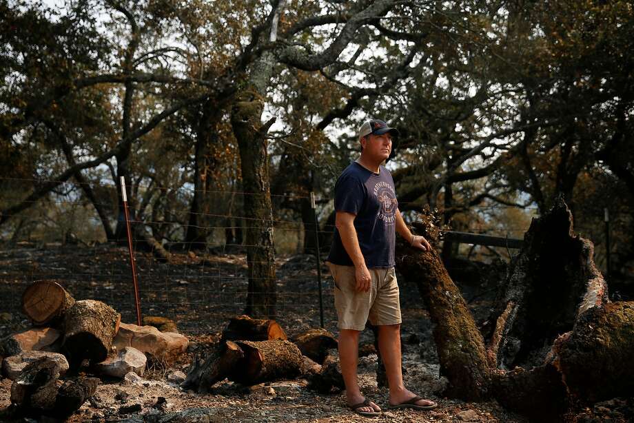 Jeffrey Mayo stands next to a smoking tree stump where a tree burned and fell, barely missing his home in Glen Ellen. | Photo: Leah Millis, The Chronicle