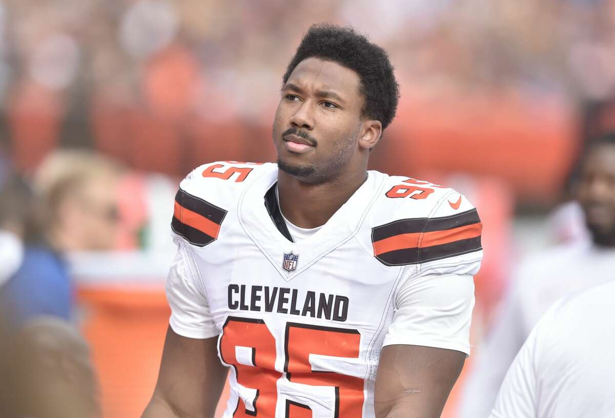 Cleveland Browns defensive end Myles Garrett (95) stands on the sideline during an NFL football game against the New York Jets, Sunday, Oct. 8, 2017, in Cleveland. The Jets won 17-14. (AP Photo/David Richard)