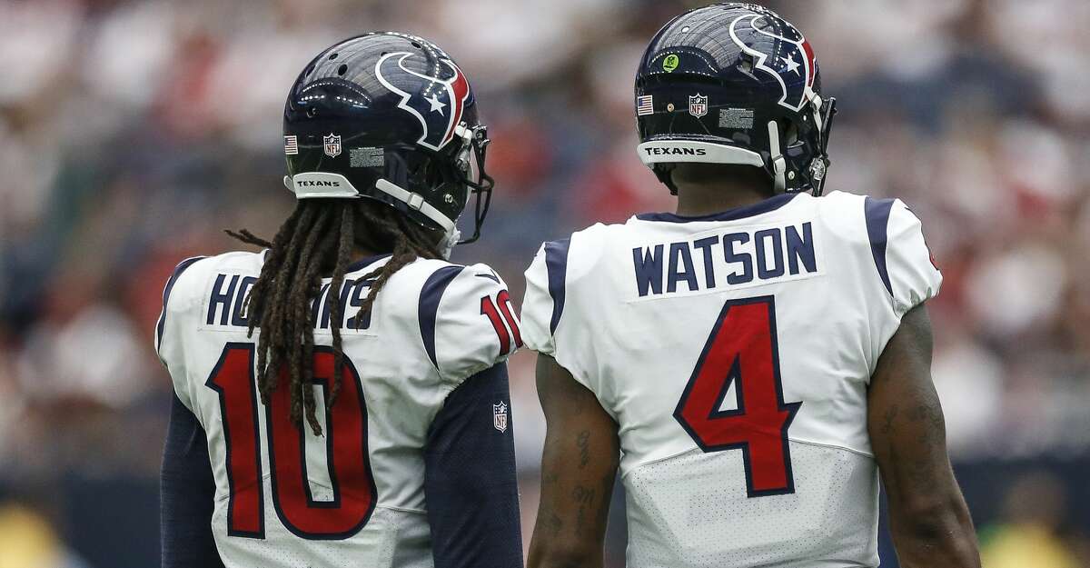 Houston Texans wide receiver DeAndre Hopkins (10) and quarterback Deshaun Watson (4) talk before taking the field in the second half as the Houston Texans lose to the Jacksonville Jaguars 29-7 at NRG Stadium Sunday, Sept. 10, 2017 in Houston. ( Michael Ciaglo / Houston Chronicle)